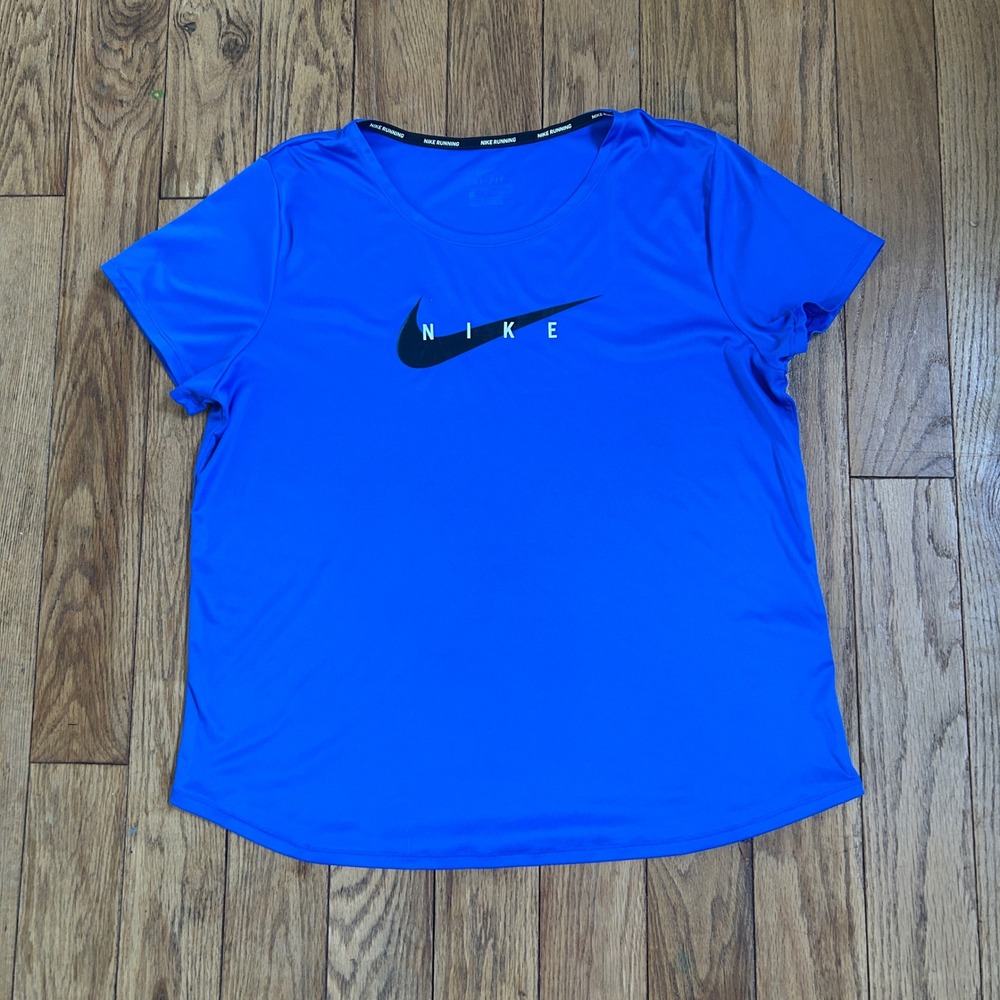 Nike Running Dri-FIT Shirt Womens Large Blue Short Sleeve Graphic Swoosh Tee